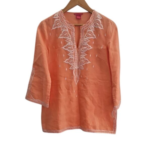 Sunny Leigh Linen Boho Embroidered Tunic Top Peach Sz M Kurta Style Resortwear - Picture 1 of 16